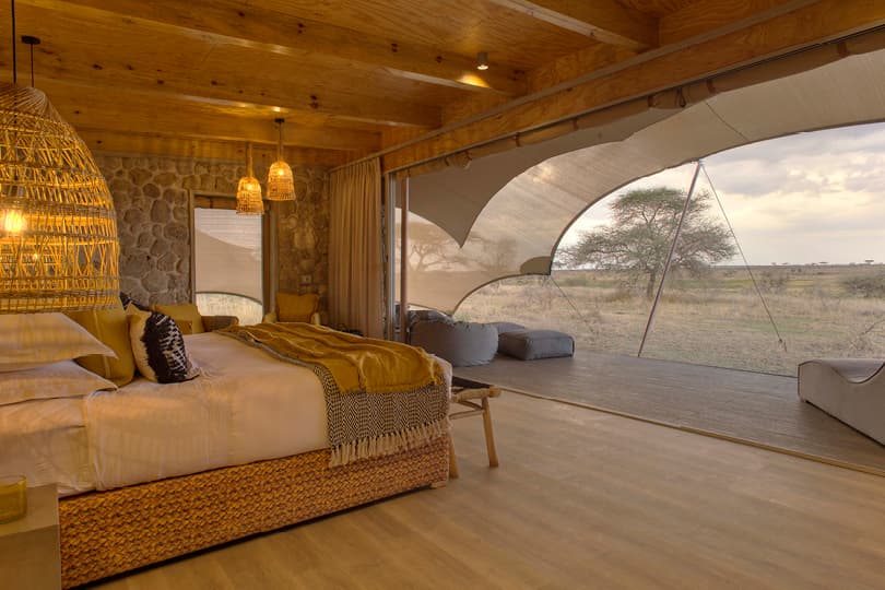 Interior of a tent at Namiri Plains looking out over the Serengeti