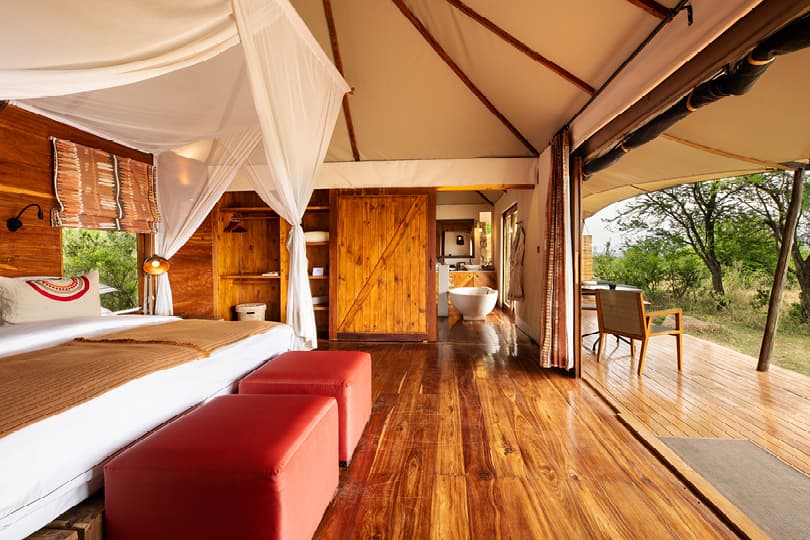 Comfortable cot-style beds inside a safari tent