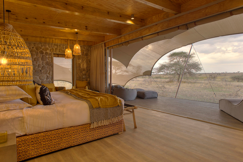 Interior of a tent at Namiri Plains looking out over the Serengeti