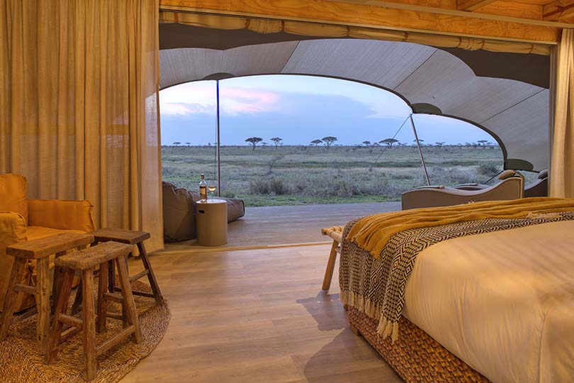 Safari tent interior with modern amenities