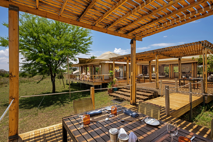 Exterior deck and lounge of Sayari Camp